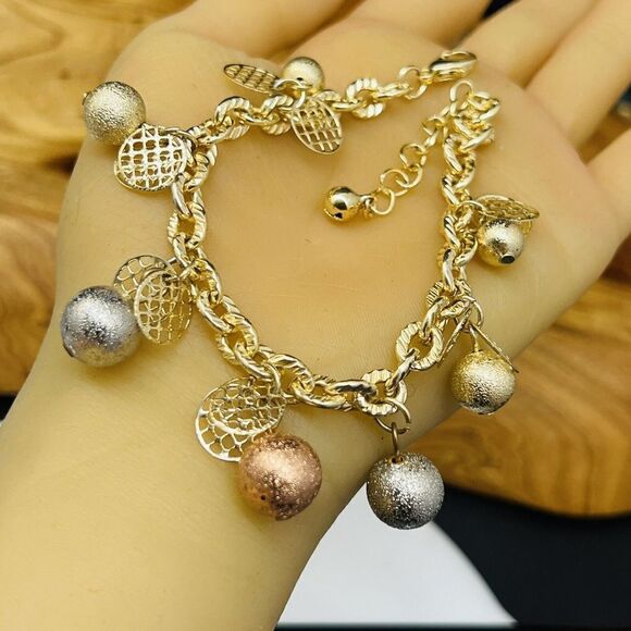 Vintage Textured Dangle Bracelets Gold Silver Copper Tone Ball Charms 1438 - Picture 6 of 10